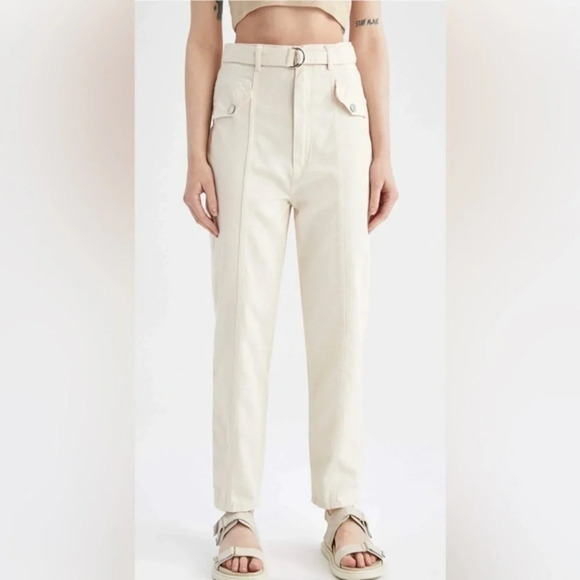 De facto Pants - De Facto Twill Hogh Waist Tapered Leg Pants Beige Ivory Trousers Cotton 10 US